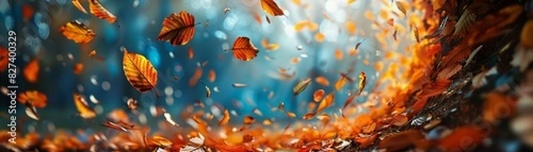 Fototapeta A vibrant swirling vortex of autumn leaves, captured in midair during a gusty wind, Close up