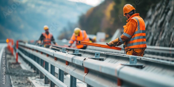 Fototapeta Highway maintenance crew installs new guardrails along a mountainous road, enhancing driver safety