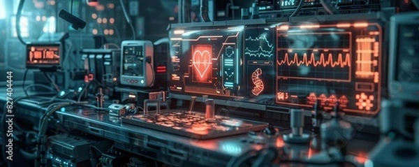 Fototapeta A futuristic medical device with a holographic display showing heartbeats