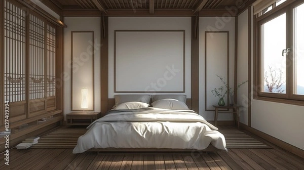 Fototapeta Frame mockup, modern bedroom hanok apartment interior, wall poster frame, 3D render