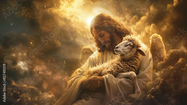 Obraz Heavenly figure cradling a lamb in a celestial, golden-hued cloudscape.