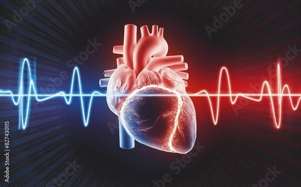 Fototapeta 3D heart with pulse line, red and blue neon glowing lights, dark background.