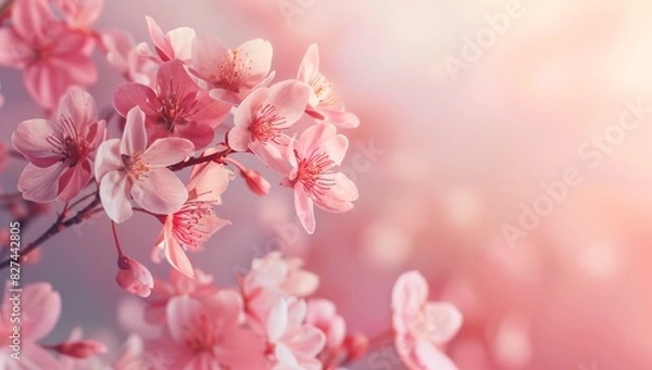 Fototapeta Cherry Blossoms on romantic gradient background with copy space, Beautiful banner design for Motherâ€™s Day, Valentine or Birthday