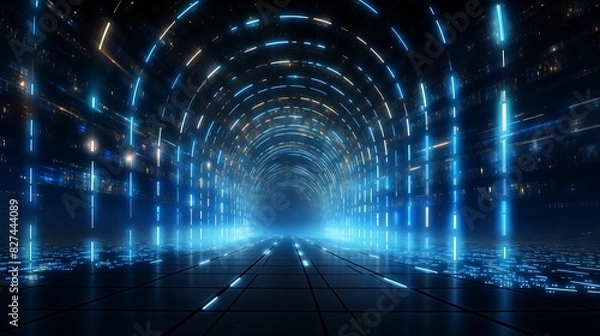 Fototapeta Through time and space,Abstract tunnel, corridor with rays of light and new highlights. Abstract background, neon. Scene with rays and lines, Round arch, light in motion, night view. Neo-Academism Dat