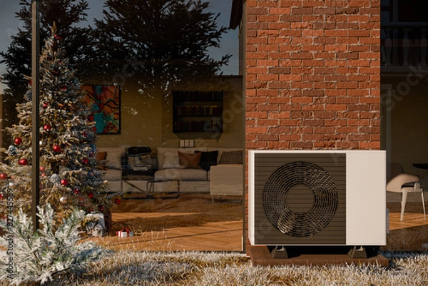 Fototapeta Heat pump in front of a house in winter mood - 3d illustration