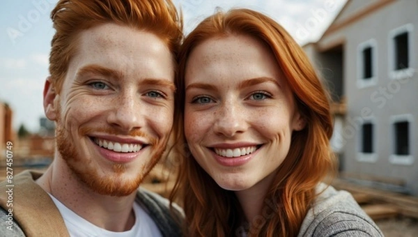 Obraz A young redheaded couple smiles for a selfie at a construction site, expressing their happiness and excitement about their future home amidst the ongoing building work.