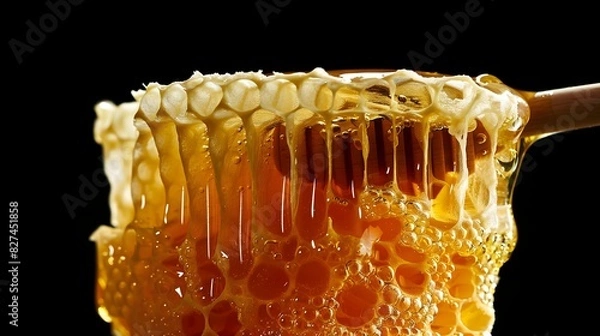 Obraz a natural honeycomb with honey dripping or being licked, showcasing its natural, golden texture, a purity and richness of the honey, copy space, banner style, honey jar label