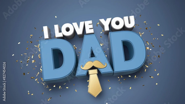 Fototapeta happy father's day message I LOVE YOU DAD in 3D render text, with tie, mustache an hat, blue background