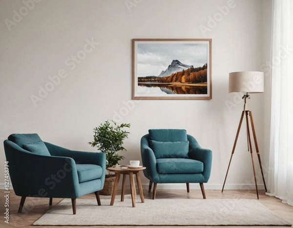 Fototapeta Two armchairs in room with white wall and big frame poster on it. Scandinavian style interior design of modern living room.