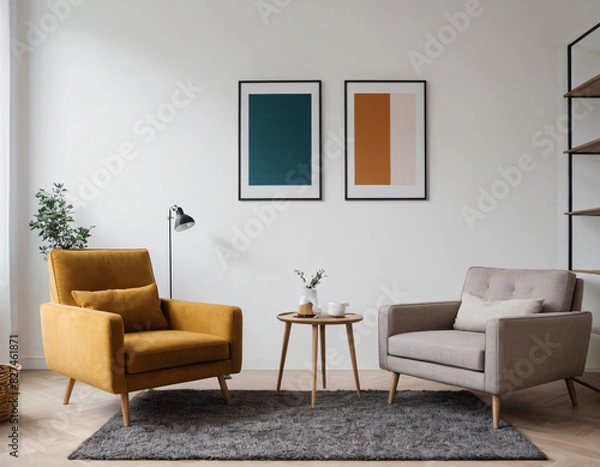 Fototapeta Two armchairs in room with white wall and big frame poster on it. Scandinavian style interior design of modern living room.