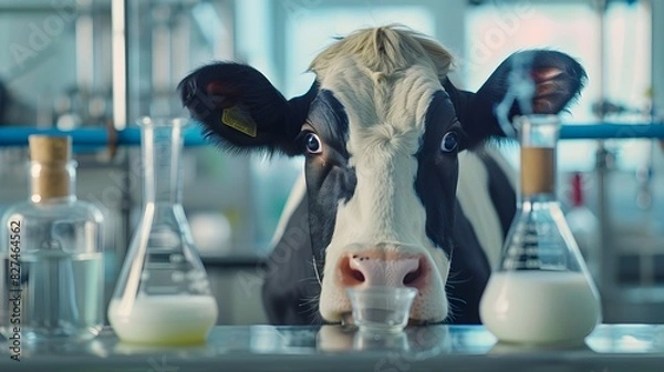 Fototapeta Cow Startled by Lab Grown Milk in Scientific Beaker on Tabletop