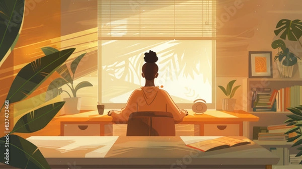 Fototapeta A woman is sitting at a desk in front of a window, with sunlight streaming in. She appears focused on her work or reading materials