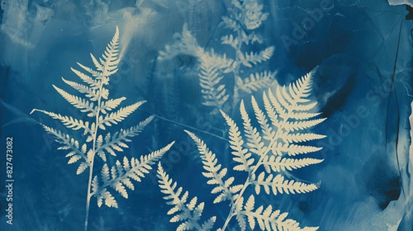 Obraz  abstract cyanotype of ferns, soft blue and white tones, dark background