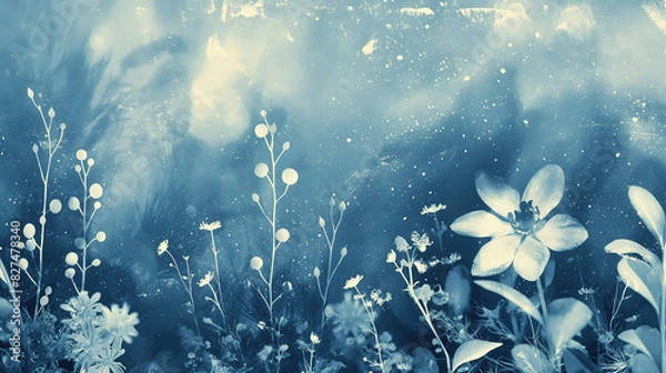 Obraz cyanotype  abstract background with flowers and plants, blue tones, blurred, fantasy, white sparkles, vintage style, dark sky blue and gray