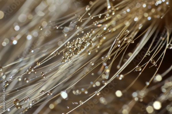 Fototapeta Abstract texture with fine fibers and golden sparkling lights in a soft focus