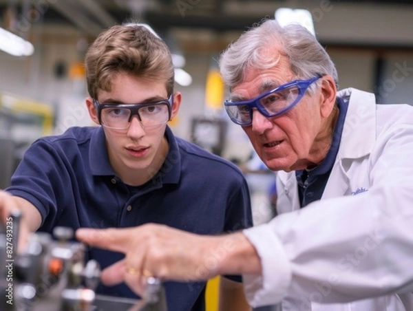 Obraz An older man mentoring a young student in a workshop, both wearing safety goggles and focused on the machinery.