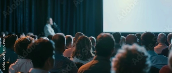 Obraz Audience attentively listening to a speaker at a business conference in a dark auditorium with a bright projector screen.
