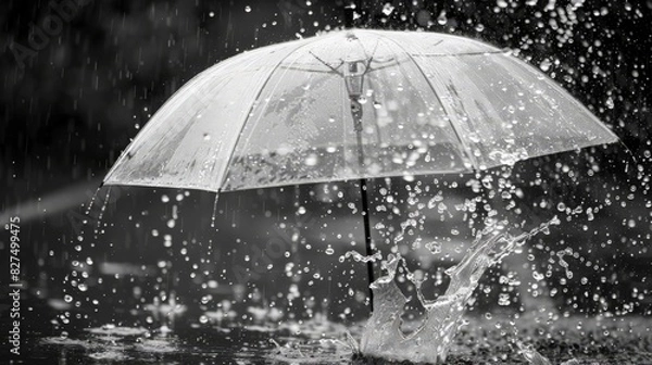 Obraz Amidst the downpour, a transparent umbrella shields against the relentless raindrops, creating a mesmerizing display of water droplets splashing against its surface.