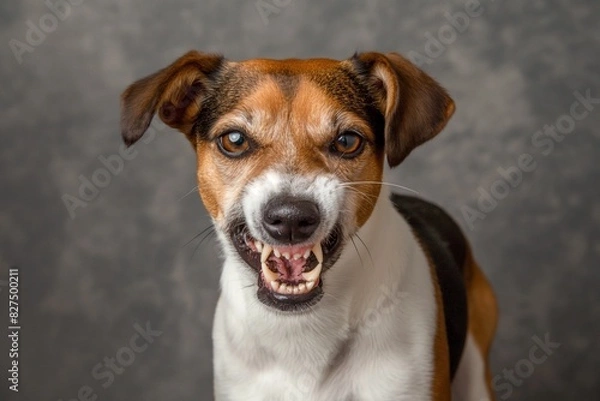 Fototapeta In a studio photo, a friendly Jack Russell terrier is captured pulling a funny face, radiating charm and playfulness. This portrait perfectly captures the lovable and humorous nature of the dog. 