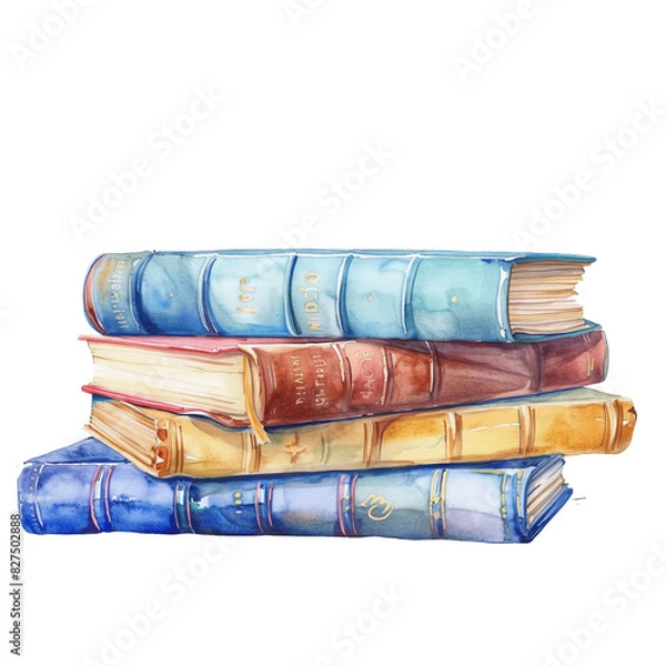 Fototapeta A stack of vintage, leather-bound books with worn spines.  The books are arranged in a pyramid shape, with the largest book at the bottom.  The image is a watercolor painting.