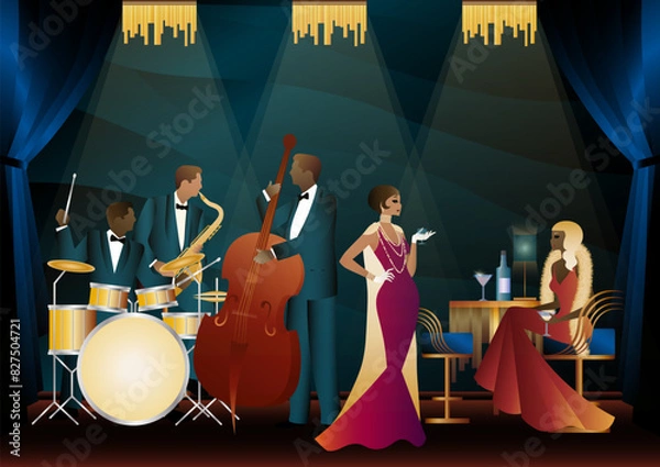 Obraz Jazz musicians in a restaurant, cafe or bar. Double bass, saxophone, drum. Musicians play musical instruments