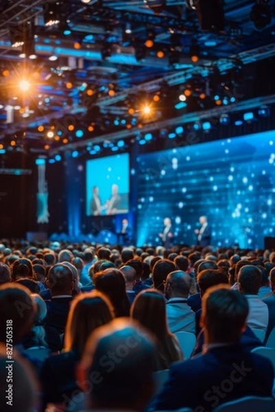 Obraz A large audience attentively watching a speaker on stage with blue lighting at a professional conference or corporate event.