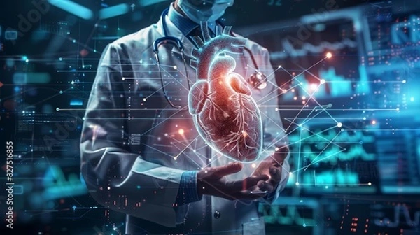 Fototapeta A top view of a doctor with a holographic heart and connected nodes overlaying the chest area