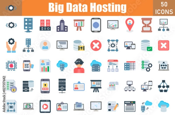 Obraz Set of 50 Big Data Hosting flat icons set. Workshop outline icons with editable stroke collection. Include Setting, Profile, Hosting, Identity, Monitor, Schedule, Letter, Target Audience, Screen