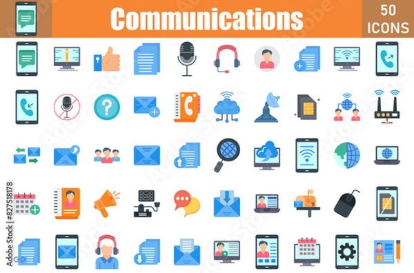 Obraz Set of 50 Communications flat icons set. Workshop outline icons with editable stroke collection. Include Chat,Help, Email, Bubblle Chat, Add Friend, Call, Send, Forward, Mail Forward, About