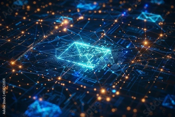 Fototapeta An illustrative depiction of a glowing email icon in the center of a detailed web of blue data streams and connections The illustration uses clean lines and vibrant blue tones