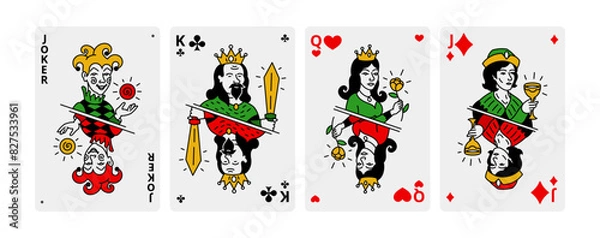 Fototapeta Set playing cards. Jack queen king and ace. Poker game. Vector illustration. Unique drawings.