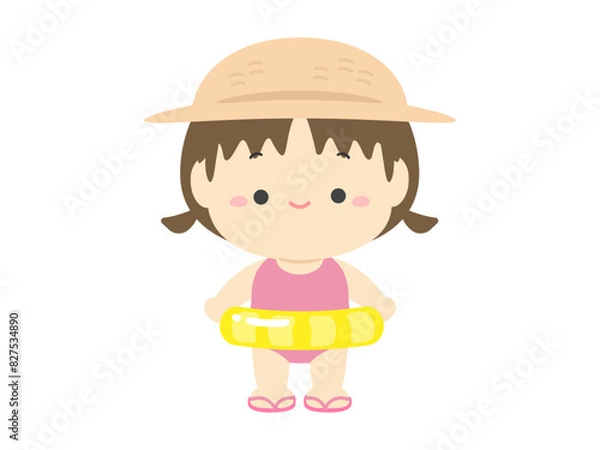 Fototapeta 麦わら帽子をかぶり浮き輪を持った水着の女の子、夏休みの子どものイラスト素材