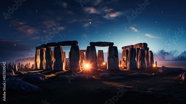 Fototapeta Contemporary Fire Torches on An Ancient Stone Circle Landscape Background