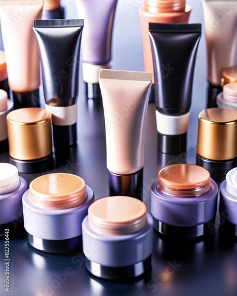 Fototapeta A captivating display of facial skincare products at a cosmetics store. The stand, filled with an array of bottles and jars, offers a multitude of choices for skin health and beauty.