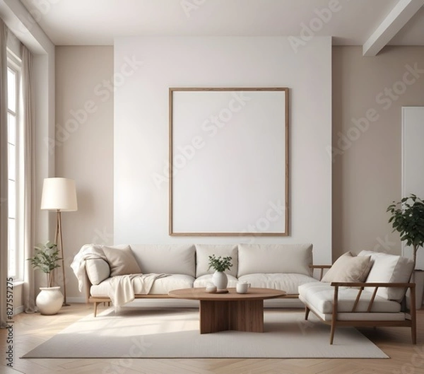 Obraz Frame mockup, ISO A paper size. Living room poster mockup. Modern interior design. Living room Interior mockup with house background. 3D render