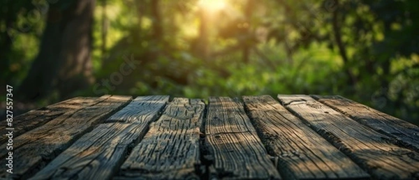 Fototapeta Unadorned wooden table close up theme natural beauty surreal Composite woodland cabin