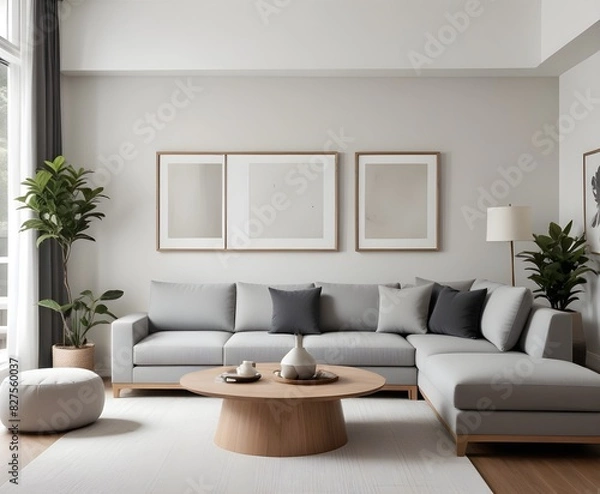 Fototapeta Frame mockup, ISO A paper size. Living room poster mockup. Modern interior design. Living room Interior mockup with house background. 3D render