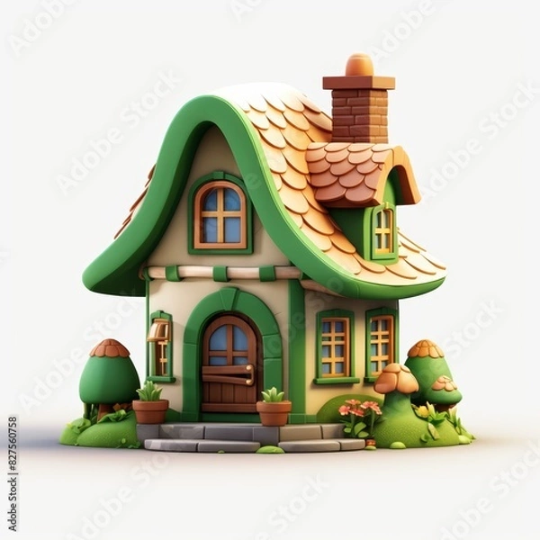 Fototapeta 3D cartoon forest green and copper brown  color house with a cute, compact, and simple design