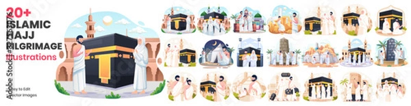 Obraz Mega Collection of Islamic Hajj Pilgrimage Illustrations. Muslim People Perform Hajj and Umrah. Muslim Hajj Characters Wear Ihram Clothes With a Kaaba Background