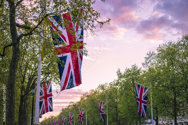 Fototapeta Lines of union jack flags hanging along the Mall, London