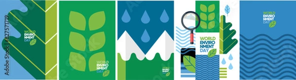 Obraz World Environment Day. Vector abstract illustrations of leaves, water waves, mountains and magnifying glass for poster, planet protection and conservation icons, global warming in minimalism and flat