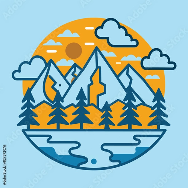 Fototapeta Mountains, Pine Trees, Sun, Clouds, and Lake in a Circular Design