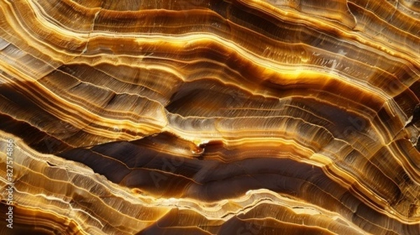 Fototapeta Polished Tiger's Eye Stone Surface Textured Brown and Gold Patterns for Geological Studies and Decorative Design