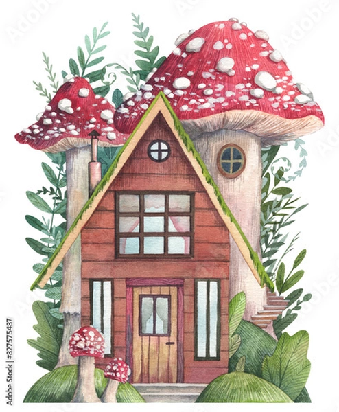 Obraz Watercolor illustration of tiny house and red mushrooms. Log cabin facade in a forest. Fairytale amanita mushroom house. Fantasy hand painted scene with wooden cottage in a forest