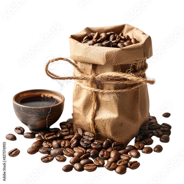 Fototapeta A rustic bag of coffee beans with a cup of freshly brewed coffee, showcasing rich aroma and flavor. Perfect image for cafes or coffee lovers.