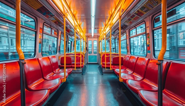 Fototapeta A bus with yellow poles and red seats by AI generated image