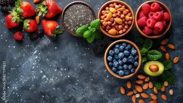 Obraz A flat lay of fresh fruit, nuts, and greens arranged on a rustic background.  A variety of colors and textures create a visually appealing and healthy image.