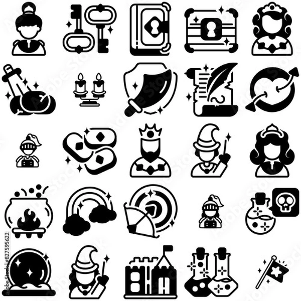Fototapeta Set Of Linear Dream Story Black Icons Web Header Banner Design Containing Ancient,Fantasy,Warrior,Crown,Magic Infographic Simple Vector Illustration Logo