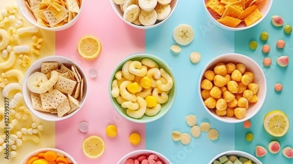 Fototapeta A colorful assortment of food items in bowls, including bananas, crackers