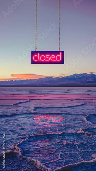 Fototapeta A neon closed sign hovers above expansive salt flats during a vibrant sunset, with mountains in the background